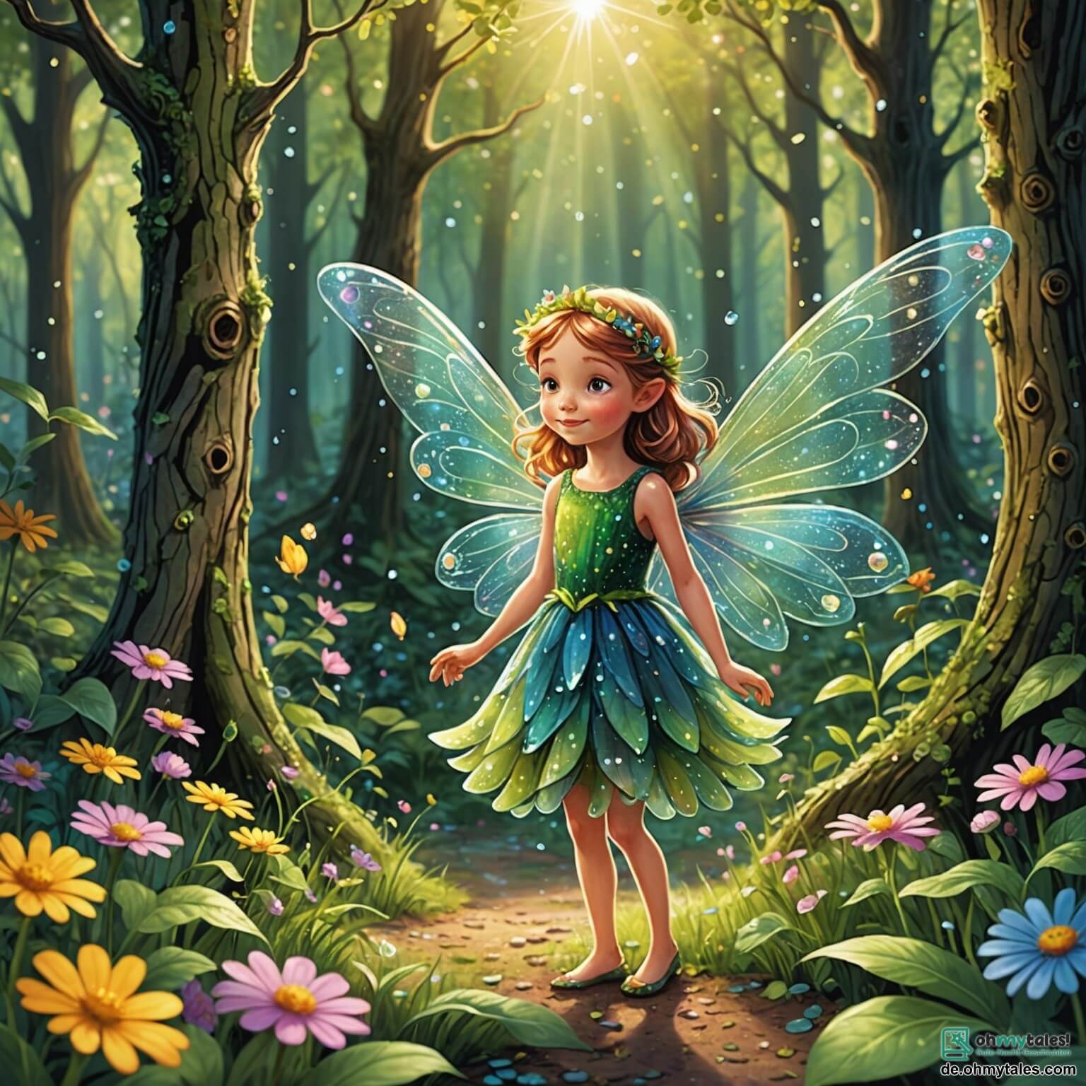 Une illustration destinée aux enfants représentant une petite fée pétillante aux ailes scintillantes comme des gouttes de rosée au matin, avec une robe faite de pétales de fleurs multicolores, qui se trouve dans une clairière enchantée, entourée de grands arbres aux troncs noueux et aux feuillages luxuriants, où des rayons de soleil dansent à travers les branches, tandis qu'elle tente de retrouver son précieux glitzerpulver perdu, avec l'aide d'un drôle de gnome aux yeux ronds et malicieux, qui porte un chapeau pointu et un sourire espiègle, et d'un groupe de créatures rigolotes, comme des lapins aux grandes oreilles et des oiseaux chantants, qui s'amusent à l'écouter tout en jouant autour d'elle dans cette ambiance magique et colorée.