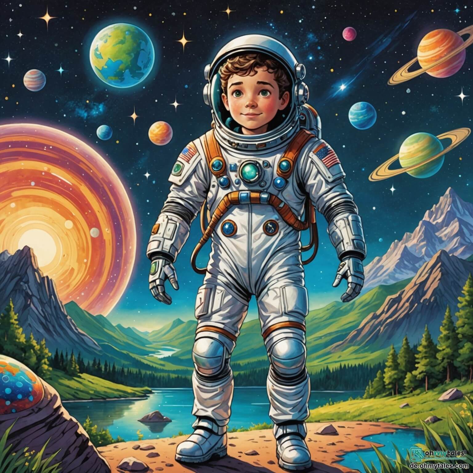 Une illustration destinée aux enfants représentant un homme courageux aux yeux pétillants de curiosité, vêtu d'une combinaison spatiale étincelante, flottant dans l'immensité d'un ciel étoilé, entouré de planètes colorées aux paysages enchanteurs, où des forêts verdoyantes s'étendent à perte de vue et des rivières scintillantes serpentent entre des montagnes majestueuses, tandis qu'il se prépare à explorer un nouveau monde fascinant, accompagné de son fidèle robot aux formes arrondies et aux lumières clignotantes, et d'un gigantesque dragon bienveillant aux écailles brillantes et aux yeux sages, qui veille sur ce lieu magique où l'aventure et l'amitié se rencontrent.