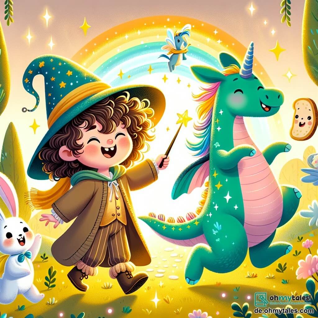 Une illustration sous forme de dessin destinée aux enfants représentant une clairière enchantée baignée de lumière dorée, où un jeune apprenti sorcier aux cheveux bouclés et au grand chapeau trop grand pour sa tête, rit aux éclats en tenant un bâton magique, tandis qu'un grand et flou hase aux couleurs vives, avec de longues oreilles, danse joyeusement à ses côtés, et un petit dragon vert aux écailles scintillantes et une adorable licorne aux crins arc-en-ciel les rejoignent pour célébrer l'apparition d'un pain volant qui virevolte dans les airs, créant une atmosphère de magie et de joie.