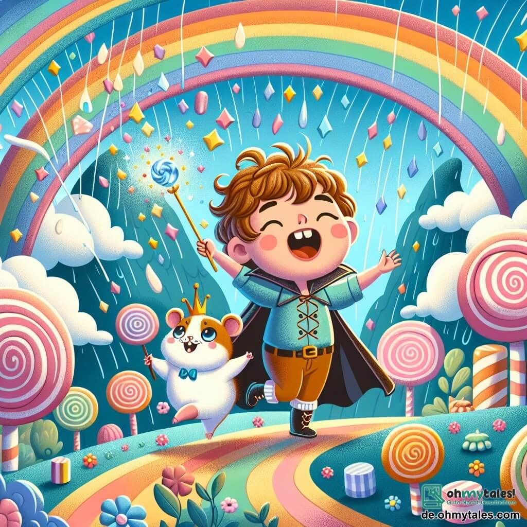 Une illustration sous forme de dessin destinée aux enfants représentant un paysage fantastique de Fantasienia, avec des arbres en bonbons et des nuages en guimauve, où un garçon de 11 ans aux cheveux bouclés et au sourire malicieux danse joyeusement sous une pluie de couleurs, entouré d'un petit hamster royal vêtu d'une cape, qui brandit un zepter scintillant, tandis qu'un grand arc-en-ciel tourbillonne au-dessus d'eux, symbolisant la magie et l'aventure de leur quête pour ramener la joie et la pluie dans ce monde loufoque.