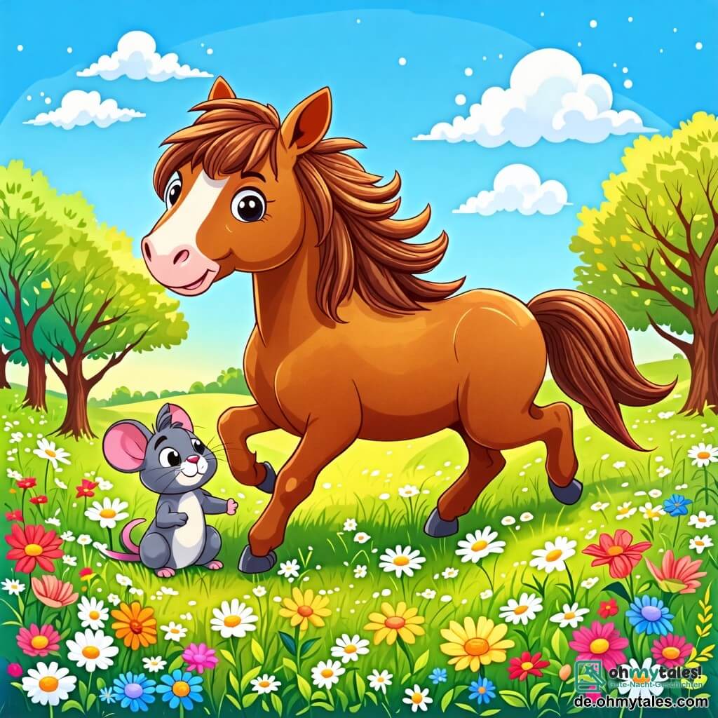 Une illustration sous forme de dessin destinée aux enfants représentant une vaste prairie verdoyante sous un ciel bleu éclatant, avec un majestueux cheval brun aux crins ondulés jouant joyeusement, tandis qu'une petite souris colorée avec un pelage gris et des yeux pétillants se cache derrière une fleur, le tout capturant l'instant où ils s'amusent à jouer à cache-cache, entourés de fleurs éclatantes et d'arbres majestueux.