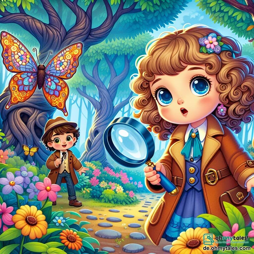 Une illustration destinée aux enfants représentant une petite fille aux cheveux bouclés et aux yeux pétillants, vêtue d'une veste d'enquêteur et tenant une loupe, se tenant au cœur d'une forêt enchantée où les arbres majestueux aux troncs noueux s'élèvent vers le ciel, entourée de fleurs colorées et de chants d'oiseaux, alors qu'elle cherche un mystérieux schmetterling aux ailes brillantes, avec son ami espiègle, un garçon à la voix forte et au sourire malicieux, qui l'accompagne dans cette quête pleine de secrets.