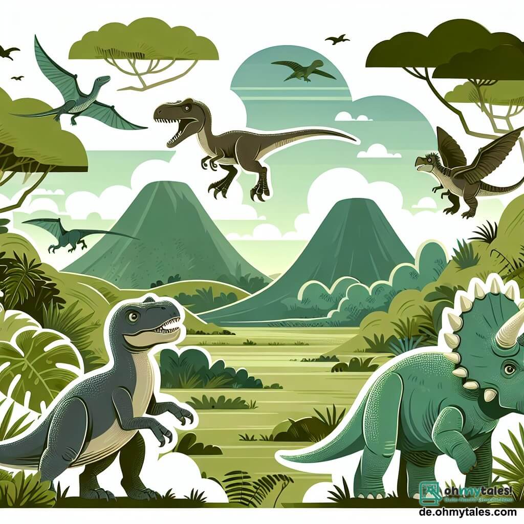 Une illustration destinée aux enfants représentant un vélociraptor aventurier, un tricératops timide, un vaste et verdoyant vallée peuplée de dinosaures rugissants.