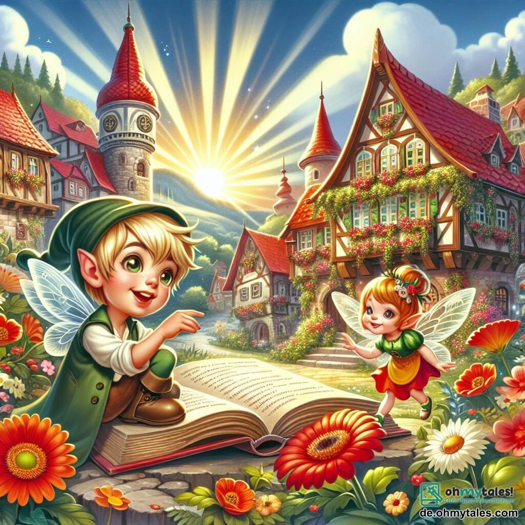 Une illustration destinée aux enfants représentant un garçon curieux et intrépide, accompagné d'un petit et malicieux lutin, découvrant un vieux livre magique dans un village ensoleillé nommé Sonnenau, où les maisons sont ornées de toits rouges et de fleurs colorées.