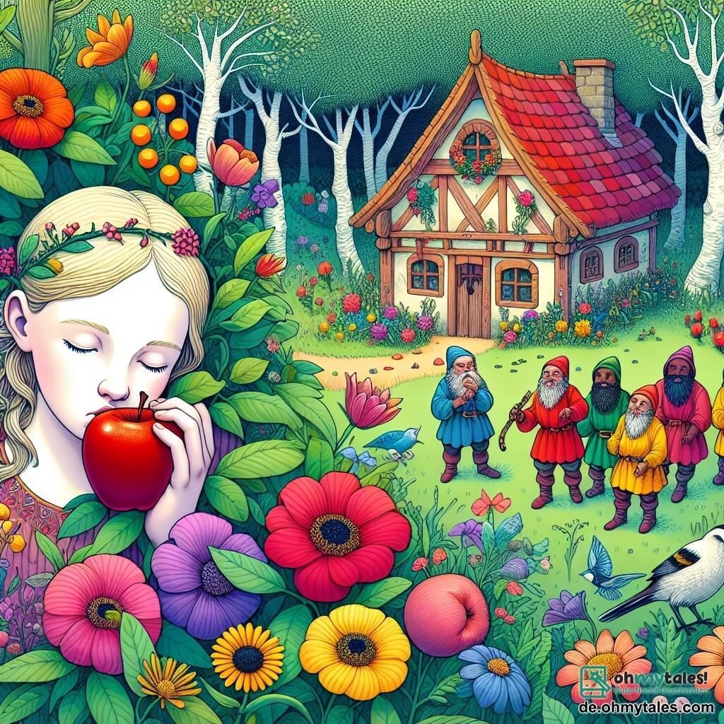 Une illustration destinée aux enfants représentant une jeune fille au teint aussi blanc que la neige, plongée dans un profond sommeil après avoir croqué une pomme empoisonnée, tandis que sept petits hommes aux barbes colorées s'affairent dans une charmante petite maison en bois au cœur d'une clairière enchantée remplie de fleurs multicolores et d'oiseaux chanteurs.