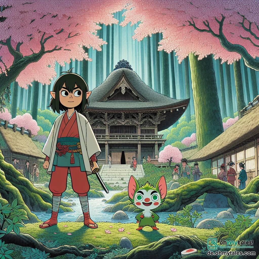 Une illustration destinée aux enfants représentant une jeune femme courageuse se tenant devant un mystérieux temple dans un dense et luxuriant bois de cerisiers en fleurs, accompagnée d'un petit kobold aux yeux brillants, dans un village japonais traditionnel aux toits de chaume.