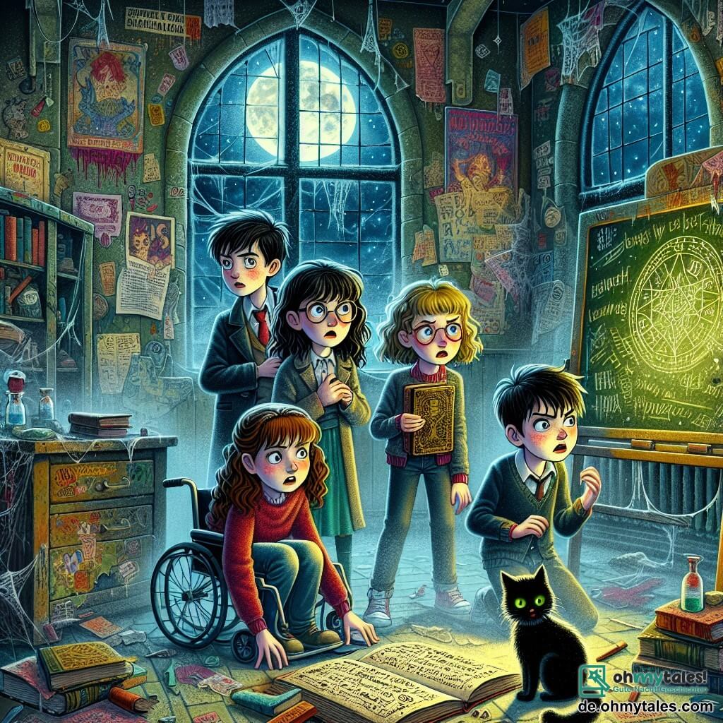 Illustration einer geheimnisvollen Szene in einer alten verlassenen Schule. Die Wände sind mit bunten Graffitis und verblassten Postern bedeckt, während Spinnweben von der Decke hängen. Zerbrochene Fenster lassen Mondstrahlen herein, die den Staub in der Luft erhellen. Im Zentrum des Bildes stehen vier etwa elfjährige Mädchen zusammen. Eines von ihnen, mit braunen Haaren und Brille, schaut neugierig umher, während eine andere, mit lockigem blonden Haar, nervös wirkt und sich nahe der ersten hält. Die dritte, mit schwarzen Haaren und Pony, hält ein aufgeschlagenes altes Buch in der Hand, ihre Augen leuchten vor Aufregung. Die letzte, mit roten Haaren und einem Zopf, sitzt in einem Rollstuhl und zeigt ein entschlossenes Lächeln. Die Hauptsituation zeigt die Mädchen, die ein altes, mit seltsamen Symbolen bedecktes Tafelbild entdecken, während eine kleine schwarze Katze mit leuchtend grünen Augen sie mit einem schelmischen Ausdruck beobachtet. Die Atmosphäre ist sowohl faszinierend als auch leicht beunruhigend, mit tanzenden Schatten und einem sanften Nebel, der einen Hauch von Geheimnis verleiht. Staubige Bücher liegen verstreut auf dem Boden, und ein leichter Wind lässt die Seiten rascheln, was eine Stimmung von Spannung und Abenteuer schafft.