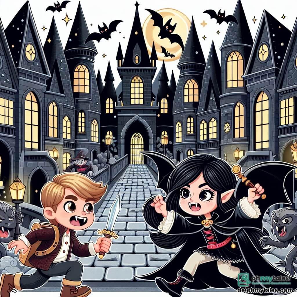 Une illustration destinée aux enfants représentant une jeune vampire courageuse combattant un méchant sorcier aux côtés d'un garçon explorateur, dans la somptueuse ville de Vampiropolis, aux maisons de marbre noir et aux rues pavées de joyaux scintillants.