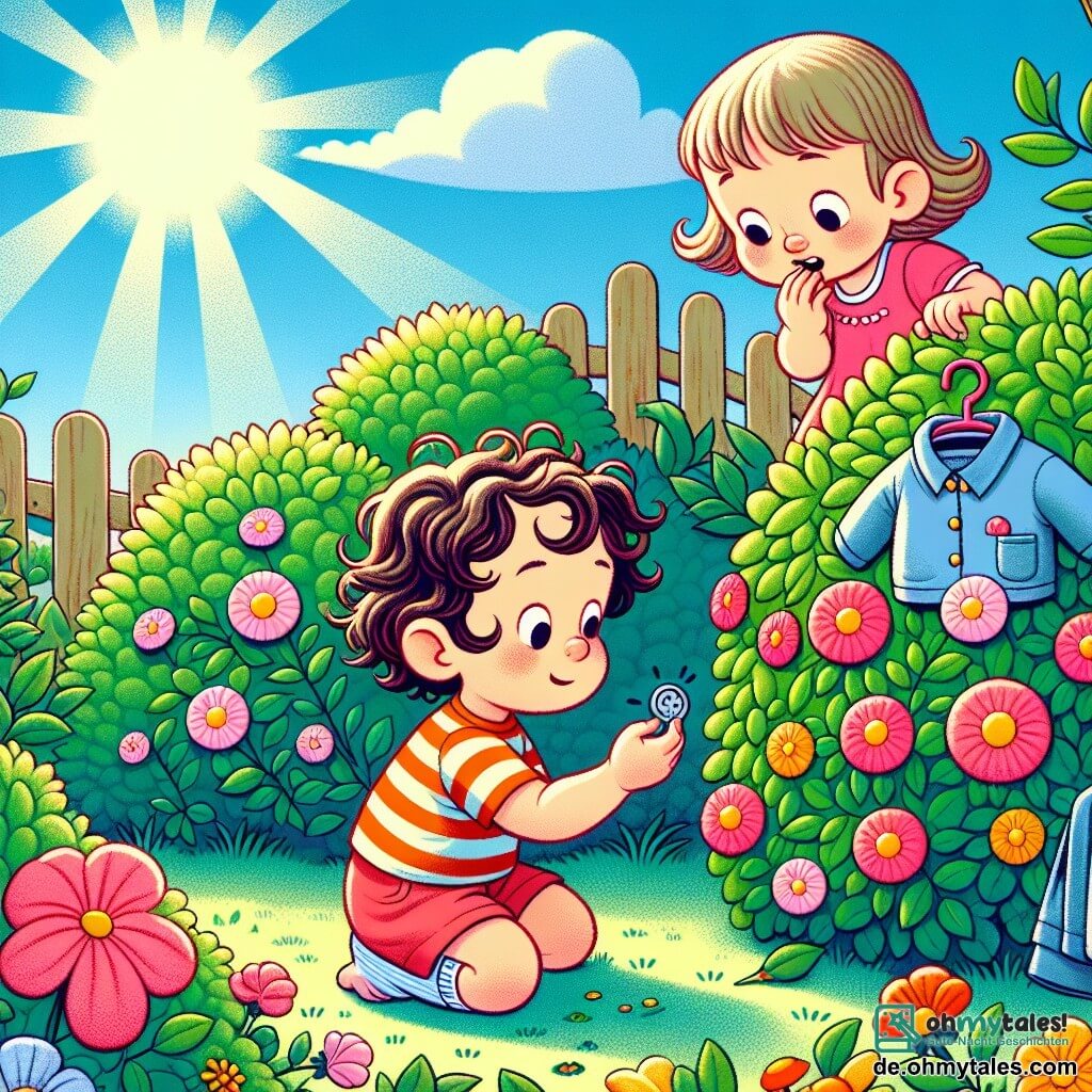 Une illustration sous forme de dessin destinée aux enfants représentant un jardin ensoleillé rempli de fleurs colorées et de buissons verdoyants, où un petit garçon de 2 ans aux cheveux bruns et bouclés, portant une t-shirt rayé et un short, se penche curieusement pour examiner un brillant bouton rond qu'il tient dans sa petite main, tandis qu'à ses côtés, une petite fille de 2 ans aux cheveux blonds et lisses, vêtue d'une robe rose, regarde avec émerveillement une petite veste accrochée à un buisson, illustrant leur enquête joyeuse pour découvrir à qui appartient le bouton mystérieux.