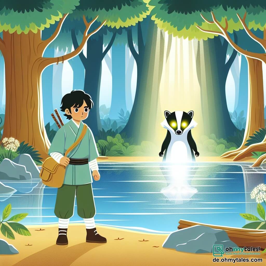 Une illustration destinée aux enfants représentant un jeune homme courageux se tenant au bord d'un étang scintillant, accompagné d'un mystérieux blaireau aux yeux brillants, dans un somptueux et mystique bois japonais, éclairé par les rayons du soleil filtrant à travers les feuilles des grands arbres.