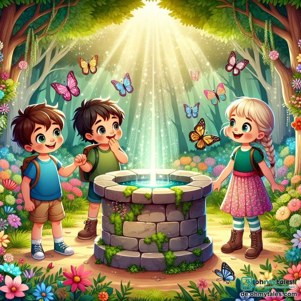 Eine Illustration zeigt einen magischen Garten, gefüllt mit bunten Blumen und großen Bäumen mit glitzernden Blättern. In der Mitte steht ein alter Steinkeller, bedeckt mit Moos, der in der Sonne strahlt, umgeben von bunten Schmetterlingen, die in der Luft tanzen. Drei junge Abenteurer sind anwesend: ein 8-jähriger Junge mit zerzausten braunen Haaren, der ein blaues T-Shirt und Shorts trägt und den Brunnen mit weit aufgerissenen Augen voller Staunen betrachtet. Neben ihm steht ein 7-jähriges Mädchen mit geflochtenen blonden Haaren, das ein rosa Blumenkleid trägt und begeistert lächelt, während sie die Hand ihres Freundes hält. Der dritte Charakter ist ein 9-jähriger Junge mit schwarzen Haaren und Brille, der ein grünes T-Shirt und beiges Hosen trägt und auf den Brunnen zeigt, als ob er im Begriff wäre, sich etwas zu wünschen. Die Szene fängt den Moment ein, in dem die Kinder, erfüllt von Aufregung und Neugier, vor dem magischen Brunnen stehen, bereit, gemeinsam einen Wunsch zu äußern. Lichtstrahlen emanieren aus dem Brunnen und verleihen der Illustration einen Hauch von Geheimnis und Magie. Bunte Blumen und fantastische Kreaturen, wie kleine Feen, schweben um sie herum und verstärken die verzauberte Atmosphäre des Gartens.