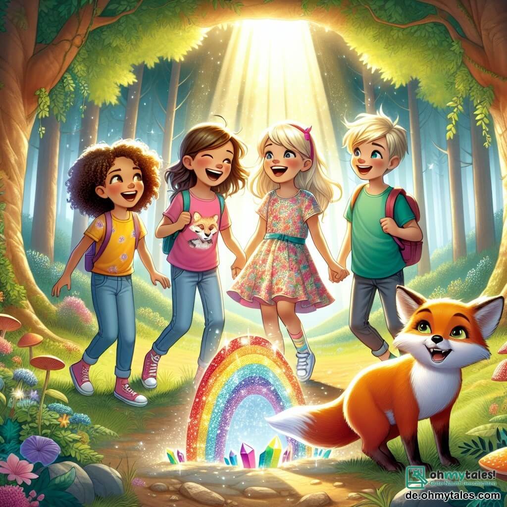 Une illustration sous forme de dessin destinée aux enfants représentant une clairière ensoleillée au cœur d'un forêt magique, où un groupe de quatre enfants de 11 ans, deux filles aux cheveux bouclés et rieurs, l'une portant un t-shirt rose et l'autre une robe à fleurs, ainsi qu'un garçon aux cheveux blonds et un autre aux cheveux bruns, tous vêtus de vêtements colorés et pleins de vie, se tiennent autour d'un scintillant cristal arc-en-ciel, avec des expressions émerveillées sur leurs visages, tandis qu'un petit renard aux poils chatoyants les observe avec curiosité, capturant l'instant où ils découvrent le trésor magique qui exauce les vœux.