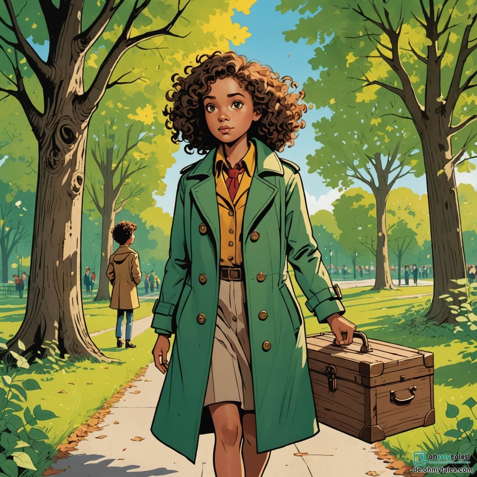 Une illustration destinée aux enfants représentant une femme détective au regard pétillant et aux cheveux bouclés, vêtue d'un trench-coat coloré, se tenant dans un parc ensoleillé où de grands arbres aux feuilles vertes dansent au gré du vent, tandis qu'un garçon aux yeux brillants, son meilleur ami, l'observe avec curiosité, alors qu'ils découvrent un mystérieux coffre en bois orné de symboles étranges.