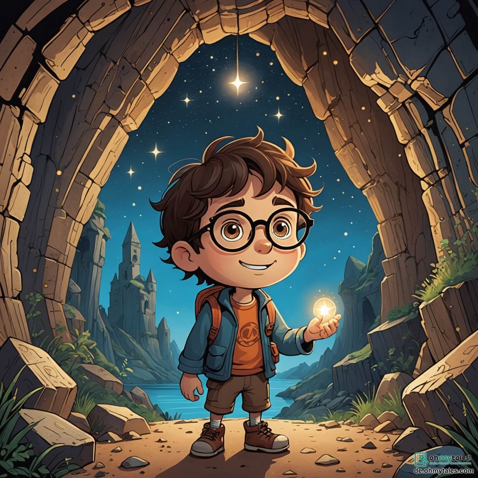 Une illustration destinée aux enfants représentant un jeune garçon intrépide aux cheveux bruns et aux yeux pétillants, explorant une mystérieuse grotte aux parois scintillantes comme des étoiles, entouré de dessins anciens et de stalactites qui tombent comme des icônes de l'histoire, tandis que son meilleur ami, un garçon aux lunettes rondes et à l'esprit vif, l'observe avec curiosité, tous deux plongés dans une aventure palpitante au cœur d'une forêt verdoyante où les rayons du soleil filtrent à travers les feuillages, créant un jeu de lumière enchanteur.