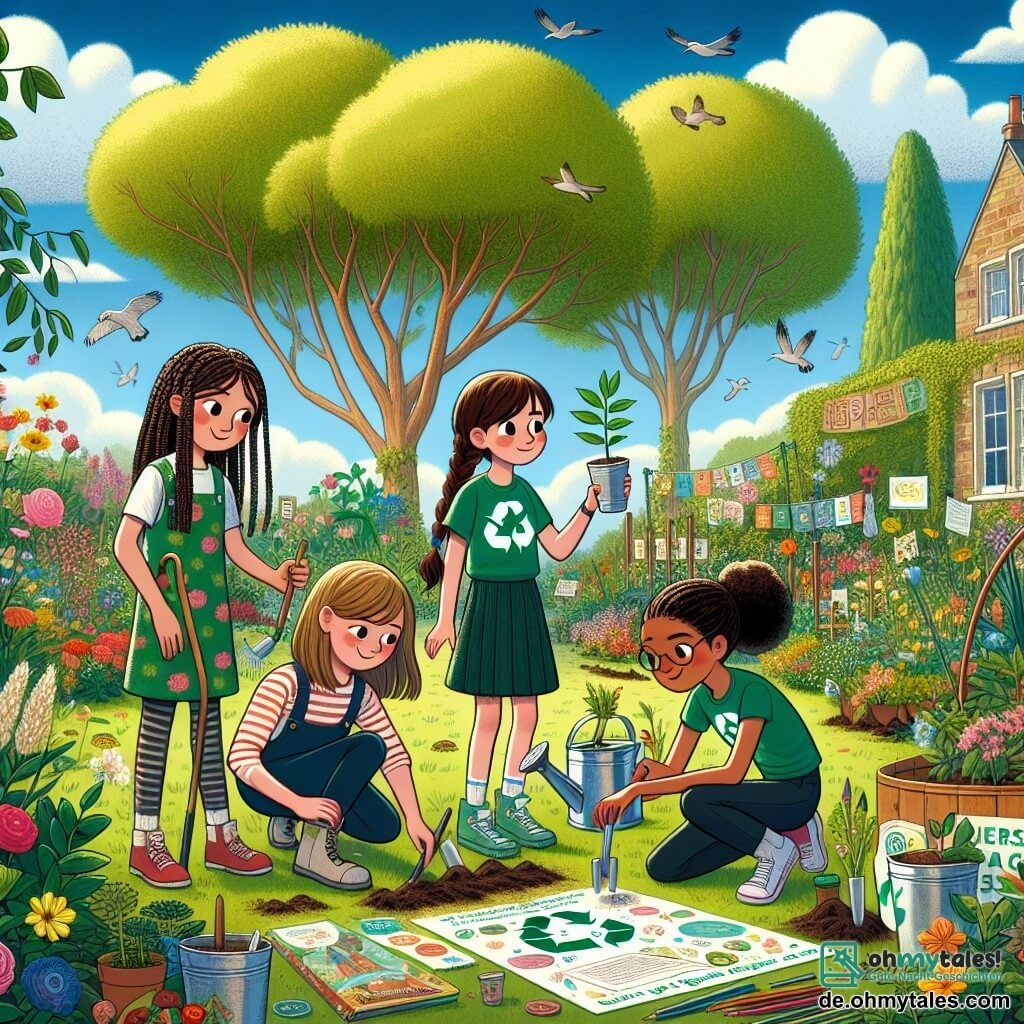 Illustration einer lebhaften Szene in einem grünen Schulgarten, gefüllt mit bunten Blumen und majestätischen Bäumen, unter einem hellblauen Himmel mit einigen flauschigen weißen Wolken. In der Mitte stehen drei Mädchen im Alter von etwa 10 Jahren, jedes mit einem markanten Merkmal: die eine hat lange, geflochtene braune Haare und trägt ein grünes T-Shirt mit einem Blattmuster, sie hält eine Gießkanne und gießt eine junge Pflanze; die zweite hat kurze blonde Haare und trägt ein Blumenkleid, sie beugt sich vor und beobachtet aufmerksam ein kleines Schild auf dem Boden, das das Recycling erklärt; die dritte, mit lockigen schwarzen Haaren und einem blauen T-Shirt, zeichnet Ideen auf ein großes Papier, umgeben von Buntstiften. Die Atmosphäre ist fröhlich und ansprechend, symbolisiert Hoffnung und kollektives Handeln im Kampf gegen den Klimawandel, mit grafischen Elementen wie Umweltbewusstseins-Schildern, verstreuten Gartengeräten und singenden Vögeln in den Bäumen.