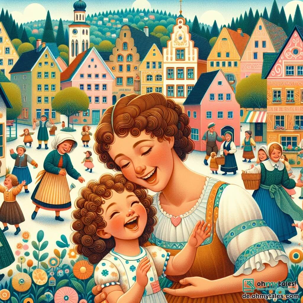 Une illustration destinée aux enfants représentant une fillette aux cheveux bouclés jouant avec ses amis dans un village coloré, tandis que sa mère, une femme aimante et douce, l'observe avec inquiétude, dans le village pittoresque de Sonnenberg.