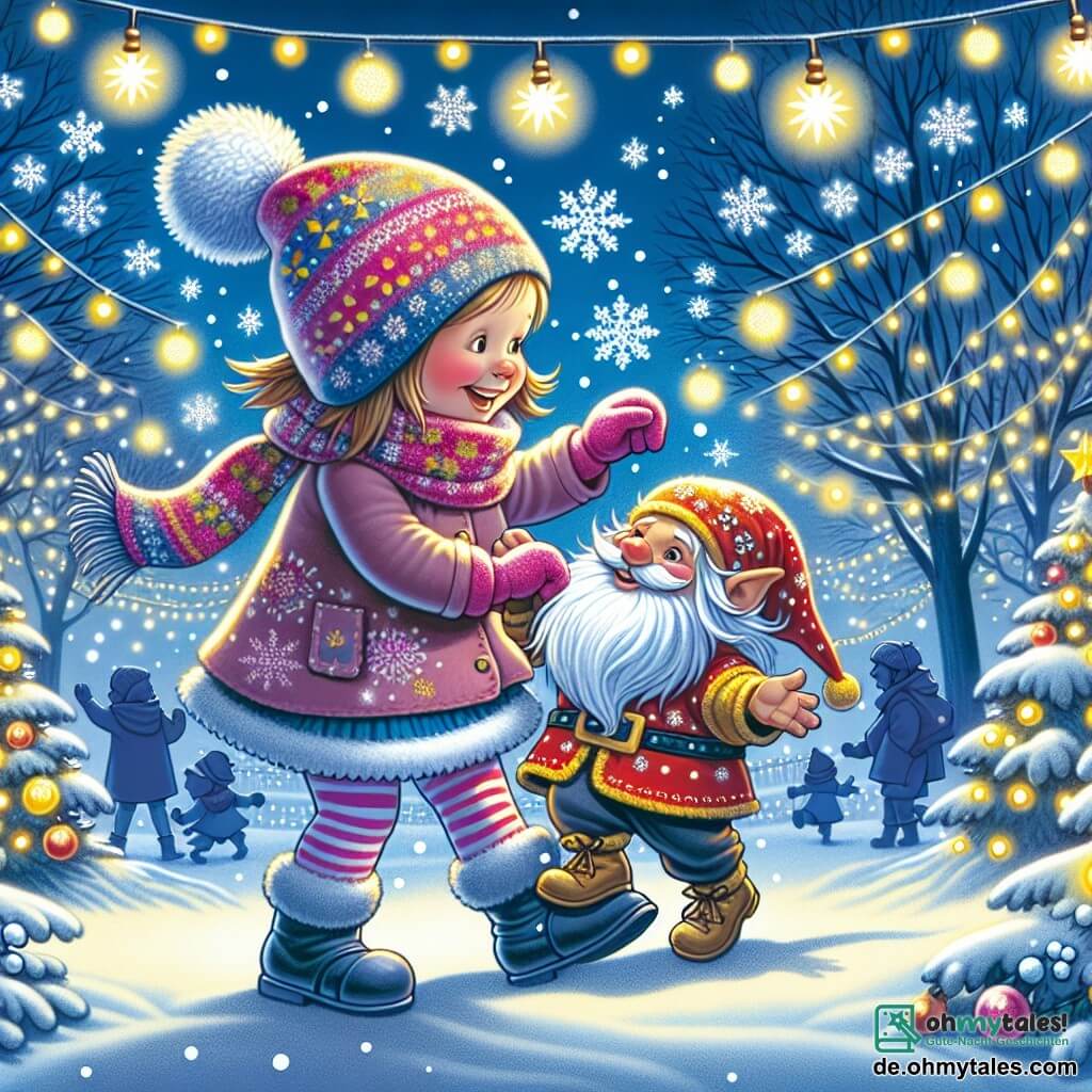 Une illustration destinée aux enfants représentant une petite fille, un gentil Weihnachtskobold, dans un parc enneigé rempli de lumières scintillantes et de flocons de neige dansants.