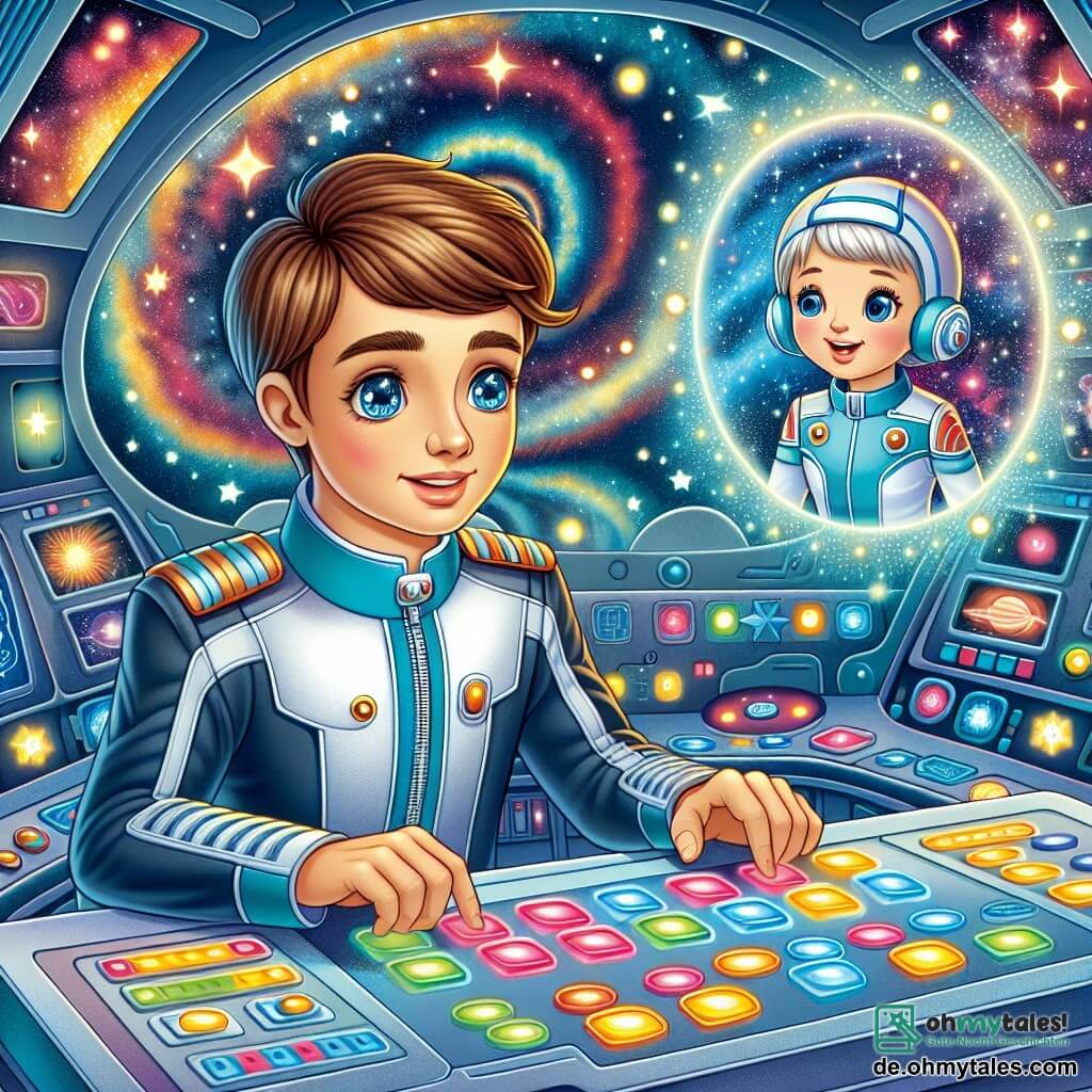 Une illustration sous forme de dessin destinée aux enfants représentant l'intérieur du vaisseau spatial "Sternenwind", avec un homme aux cheveux bruns et aux yeux pétillants, vêtu d'un élégant costume spatial bleu et argent, concentré sur un tableau de contrôle rempli de boutons lumineux, tandis qu'une voix amicale et holographique, représentant un ordinateur féminin, flotte à ses côtés, l'aidant à naviguer à travers un tourbillon coloré d'étoiles et de nébuleuses, symbolisant l'excitation et le mystère de son voyage intergalactique.