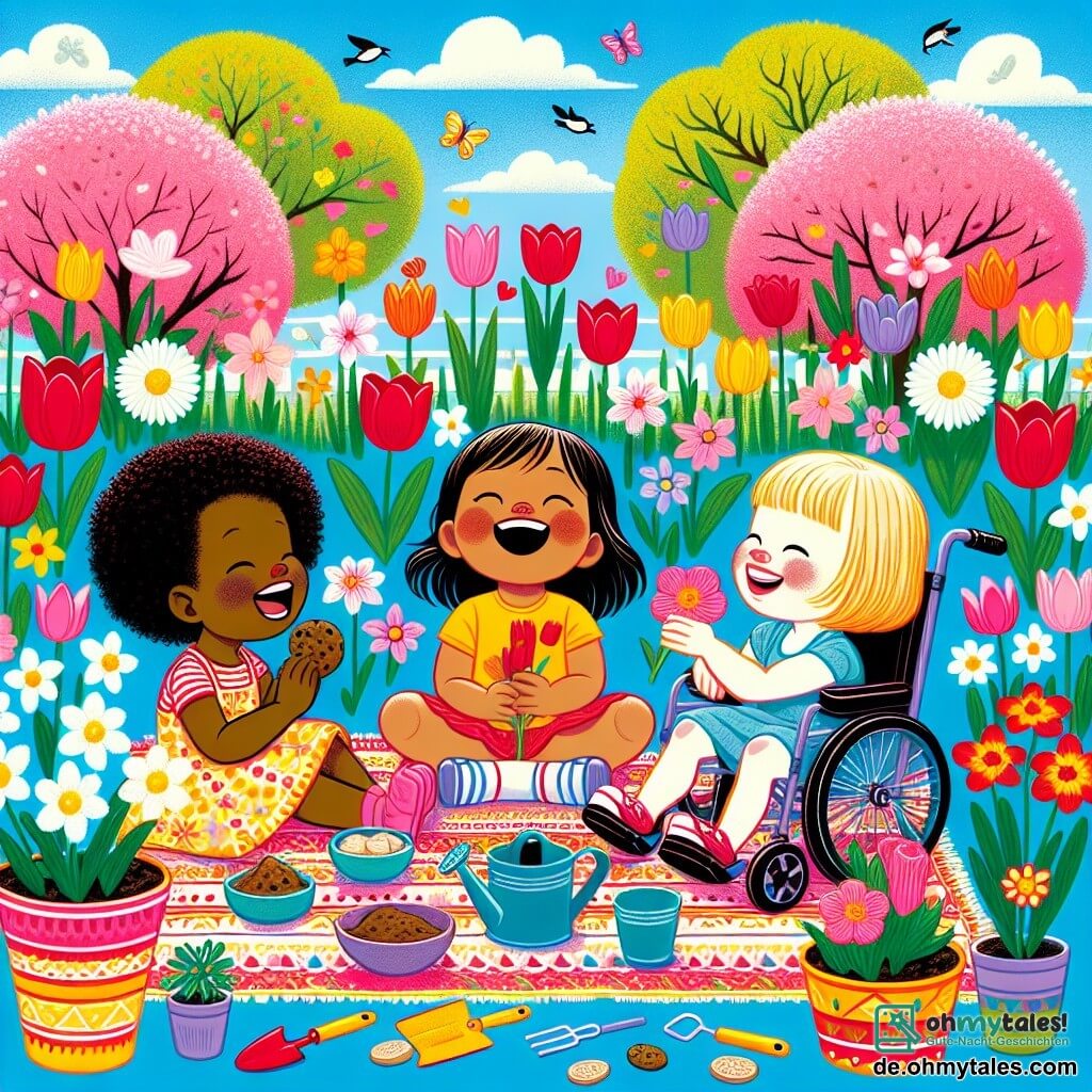 Illustration eines farbenfrohen Frühlingsgartens mit blühenden, bunten Blumen, roten Tulpen, weißen Margeriten und gelben Narzissen. In der Mitte sitzen drei vierjährige Mädchen auf einer bunten Decke. Eines hat lange, lockige Haare, lächelt und hält einen Keks in der Hand. Neben ihr sitzt ein anderes Mädchen im Rollstuhl, mit kurzen blonden Haaren, das fröhlich seine Freundinnen ansieht. Das dritte Mädchen hat braune, kurze Haare und lacht, während es ein Glas Saft hält. Sie sind von Blumentöpfen und Gartengeräten umgeben, bereit, gemeinsam Blumen zu pflanzen. Der Himmel ist blau mit einigen weißen Wolken, und Vögel singen in den Bäumen, was der Szene eine fröhliche, frühlingshafte Atmosphäre verleiht.