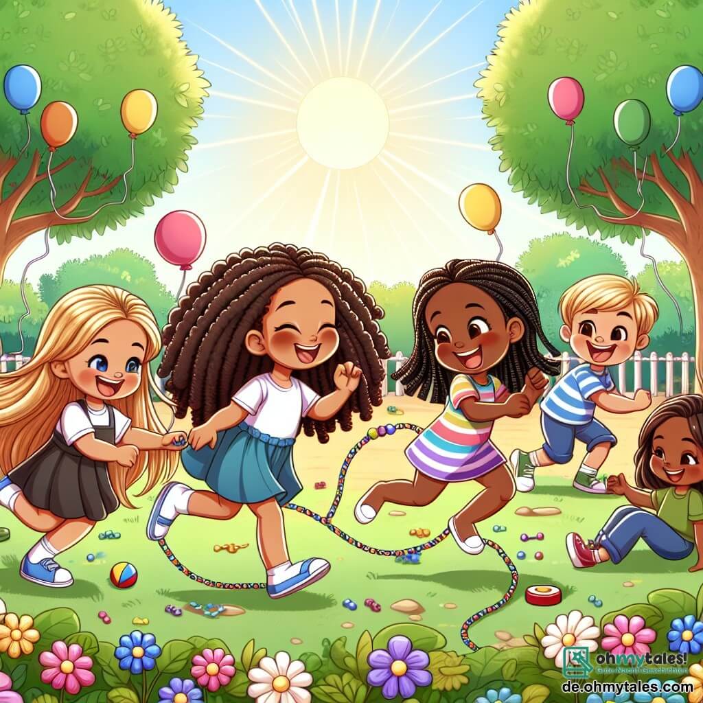 Illustration, die eine Szene auf einem sonnigen Spielplatz darstellt, umgeben von grünen Bäumen und bunten Blumen. In der Mitte spielt eine Gruppe von vier Mädchen im Alter von etwa 8 bis 10 Jahren zusammen. Eines der Mädchen hat lange, lockige Haare, helle Haut und ein strahlendes Lächeln. Neben ihr lacht ein anderes Mädchen mit geflochtenen Haaren und dunkler Haut fröhlich. Die beiden anderen Mädchen, eines mit blonden und das andere mit braunen Haaren, haben ebenfalls helle Haut und rennen mit erhobenen Armen um sie herum, als ob sie ein Fangspiel spielen. Die Hauptsituation zeigt die Mädchen, die zusammen Spaß haben, während im Hintergrund einige Jungen mit spöttischen Gesichtsausdrücken sie beobachten. Die Illustration soll den Geist von Kameradschaft und Freude der Mädchen einfangen und gleichzeitig subtil die Spannung von Mobbing andeuten. Grafische Elemente wie bunte Ballons, verstreute Spielzeuge und Lachen in Sprechblasen können der Szene eine fröhliche und dynamische Atmosphäre verleihen.
