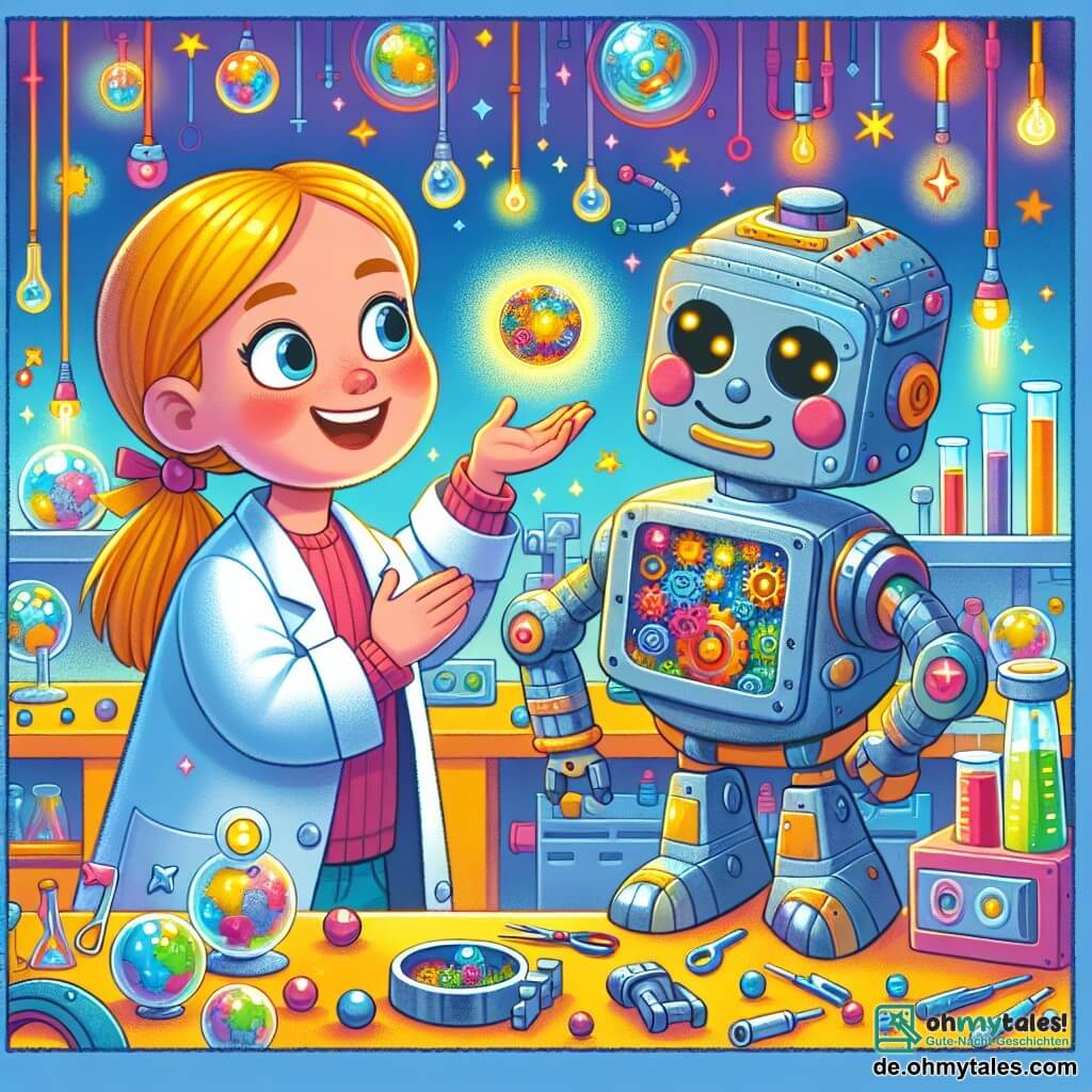 Une illustration destinée aux enfants représentant une brillante inventrice, une petite fille, présentant sa incroyable invention à un robot souriant, dans un laboratoire coloré et rempli d'outils étincelants.
