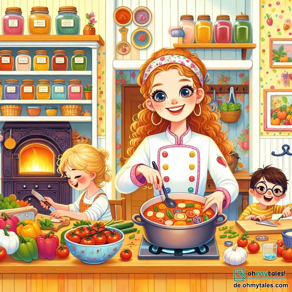 Illustration einer bunten und lebhaften Küche mit Wänden in Pastellgelb und Regalen voller bunter Gewürzgläser. In der Mitte steht ein großer Holztisch, beladen mit frischem Obst und Gemüse, während ein großer Holzofen in einer Ecke sanfte Wärme ausstrahlt. Die Hauptfigur ist eine fröhliche Frau mit langen lockigen Haaren und neugierigen Augen. Sie trägt eine hübsche weiße Kochjacke mit bunten Knöpfen und eine Schürze mit Obstmotiven. Sie rührt in einem großen Topf mit Tomatensauce und strahlt vor Begeisterung. Um sie herum sind mehrere Kinder im Alter von etwa 8 bis 10 Jahren mit der Zubereitung der Gerichte beschäftigt. Ein blondhaariger Junge mit Sommersprossen schneidet Gemüse mit einem kleinen Messer, während ein brünettes Mädchen mit Brille Zutaten in einer Schüssel abmisst. Sie lachen und tauschen Ideen aus, was eine Atmosphäre von Kameradschaft und Freude schafft. Die Hauptsituation zeigt diese dynamische Szene, in der die Frau und die Kinder zusammenarbeiten, um ein buntes Festmahl zuzubereiten. Frische Zutaten sind auf dem Tisch verteilt, und die Luft ist gefüllt mit dem köstlichen Duft der kochenden Gerichte. Lachen und enthusiastische Gesten verdeutlichen den Geist des Teilens und Lernens in dieser magischen Küche.