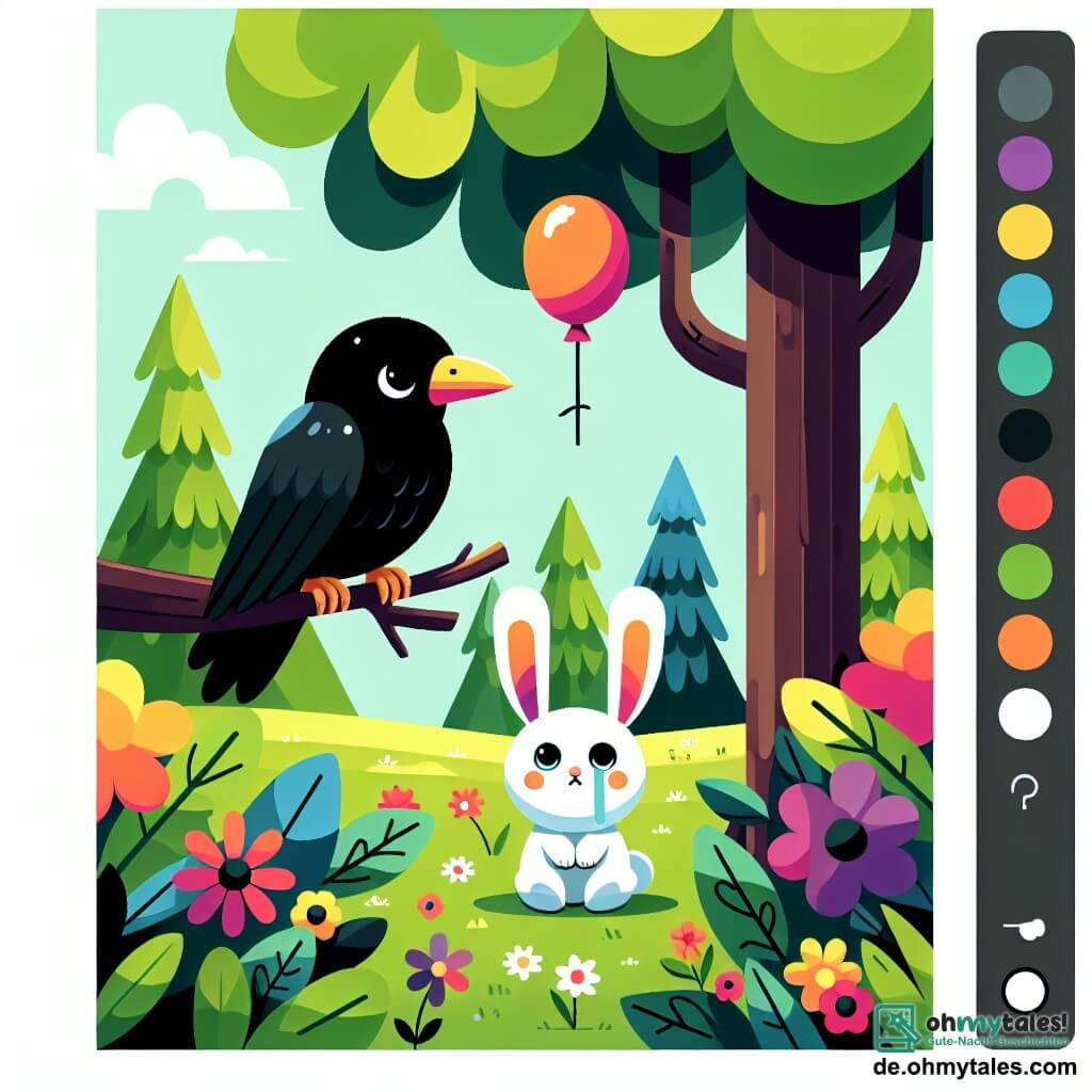 Une illustration sous forme de dessin destinée aux enfants représentant un magnifique et coloré forêt en plein jour, avec un corbeau noir aux plumes brillantes, perché sur une branche, regardant avec curiosité un petit lapin blanc aux grandes oreilles qui pleure près d'un grand arbre, tandis qu'un ballon coloré est visible sous les fleurs éclatantes, capturant le moment où le corbeau propose son aide pour retrouver le ballon perdu du lapin.