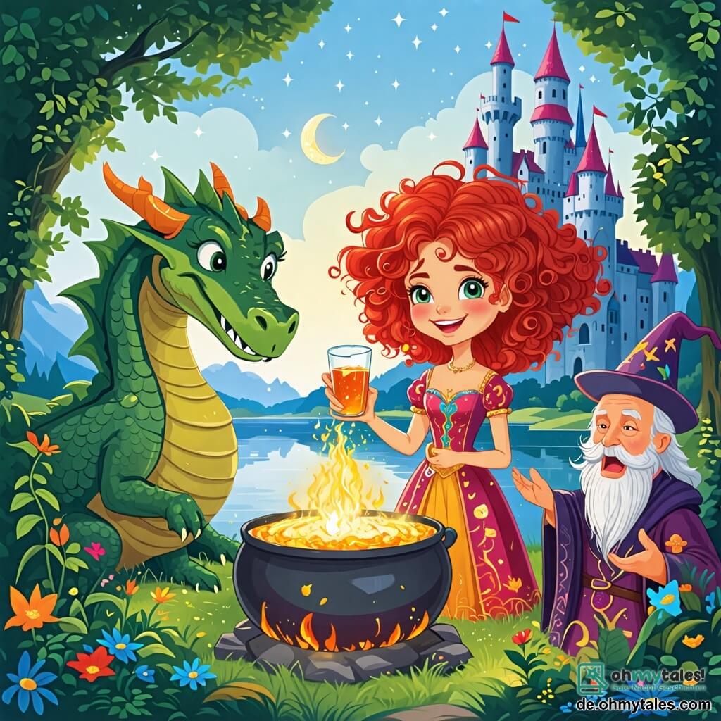 Une illustration sous forme de dessin destinée aux enfants représentant un magnifique château scintillant au bord d'un lac aux eaux miroitantes, avec une princesse joyeuse aux cheveux rouges flamboyants, vêtue d'une robe colorée, riant aux éclats tout en tenant un grand gobelet rempli d'un breuvage pétillant, entourée d'un dragon vert aux yeux doux qui s'essaie à raconter une blague, et d'un vieux sorcier aux cheveux en désordre et à la robe multicolore, qui gesticule avec enthousiasme en ajoutant des ingrédients magiques dans un grand chaudron, le tout dans une ambiance festive et pleine de rires, illustrant l'esprit d'amitié et de magie du royaume enchanté.