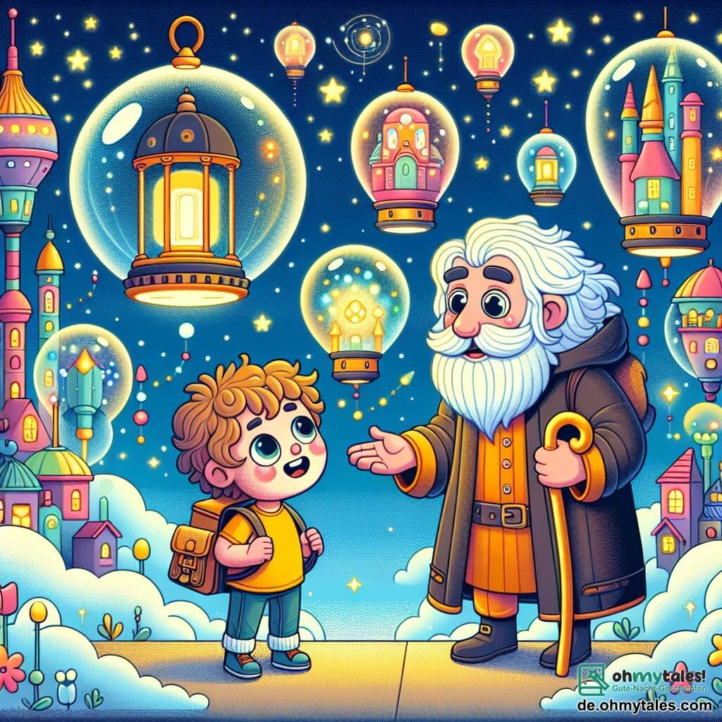 Une illustration sous forme de dessin destinée aux enfants représentant une ville futuriste flottante avec des maisons colorées en forme de bulles et des voitures scintillantes dans le ciel, où un garçon de 5 ans aux cheveux bouclés et aux yeux pétillants, portant un t-shirt jaune et un petit sac à dos, se tient émerveillé devant une grande lanterne parlante, tandis qu'un vieil homme au long manteau et à la barbe blanche, souriant et amical, lui explique les secrets de la ville, entourés de fleurs flottantes et de lumières scintillantes qui illuminent la scène.