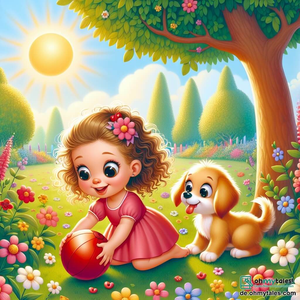 Une illustration sous forme de dessin destinée aux enfants représentant un jardin verdoyant et ensoleillé, avec des fleurs colorées et un grand arbre, où une petite fille de 2 ans aux cheveux bouclés et aux yeux pétillants, vêtue d'une robe rose, est accroupie en train de saisir un ballon rouge qui a roulé sous l'arbre, tandis qu'à ses côtés, un petit chien aux poils dorés et aux grandes oreilles, qui s'appelle Max, regarde avec enthousiasme, illustrant ainsi leur amitié joyeuse et leur esprit d'entraide.