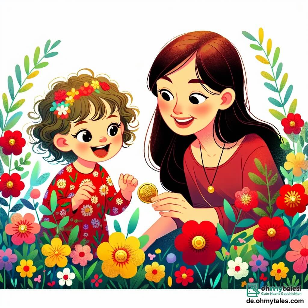 Une illustration sous forme de dessin destinée aux enfants représentant un jardin coloré au printemps, avec des fleurs rouges et jaunes en pleine floraison, où une petite fille de 2 ans aux cheveux bouclés et aux yeux pétillants, vêtue d'une robe à fleurs, sourit joyeusement en tenant une petite pièce brillante dans sa main, tandis que sa maman, une femme souriante aux cheveux longs et bruns, l'encourage à chercher d'autres trésors cachés parmi les fleurs, créant une atmosphère de découverte et de bonheur.