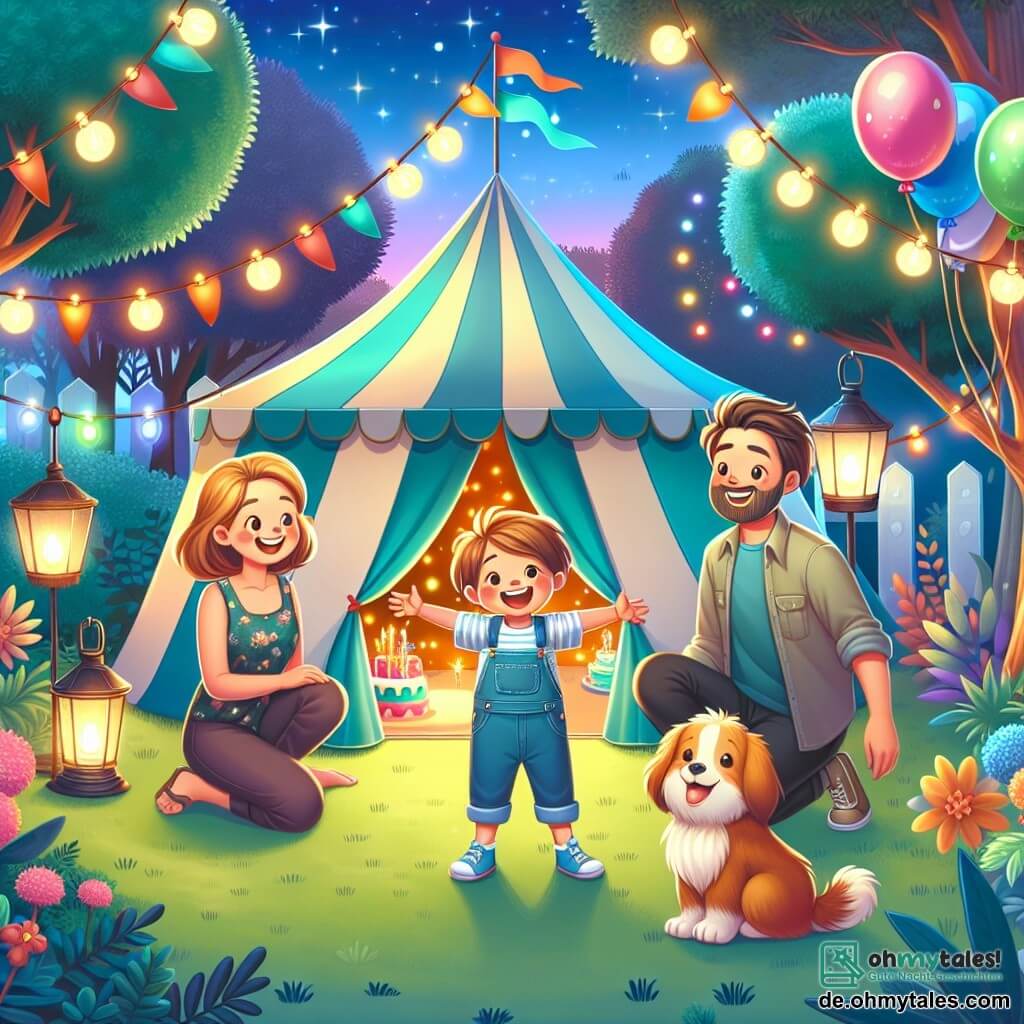 Une illustration destinée aux enfants représentant un petit garçon joyeux le jour de son anniversaire, entouré de ses parents et d'un adorable chien, dans un jardin enchanté rempli de lumières colorées, de ballons et d'un magnifique zelt.