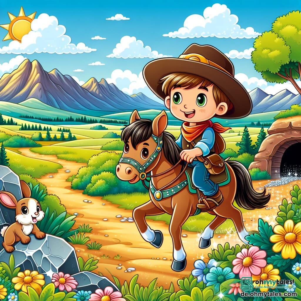 Une illustration sous forme de dessin destinée aux enfants représentant un vaste paysage de prairie ensoleillée, avec des fleurs colorées et des montagnes à l'horizon, où un jeune cowboy, un homme aux cheveux bruns sous un grand chapeau de cowboy, monte un cheval brun brillant nommé Blitz, tandis qu'un petit lapin curieux les observe depuis un buisson, alors qu'ils se dirigent courageusement vers l'entrée d'une mystérieuse mine, entourés de pierres scintillantes, illustrant ainsi leur quête d'aventure et de trésors cachés.