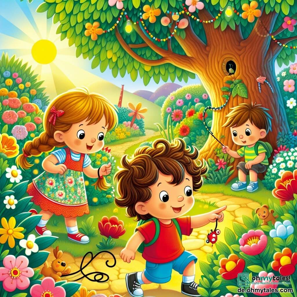 Une illustration sous forme de dessin destinée aux enfants représentant un jardin coloré avec des fleurs éclatantes et un grand arbre au centre, où un garçon de 3 ans aux cheveux bruns et bouclés, portant un t-shirt rouge et un short bleu, cherche avec détermination son petit jouet rouge, tandis qu'à ses côtés, une fille de 4 ans aux longs cheveux blonds tressés, vêtue d'une robe à fleurs, pointe du doigt un chemin secret, et un garçon de 4 ans aux cheveux châtains, portant un t-shirt vert, observe avec curiosité, tous trois plongés dans une aventure de petits enquêteurs à la recherche d'un trésor perdu.
