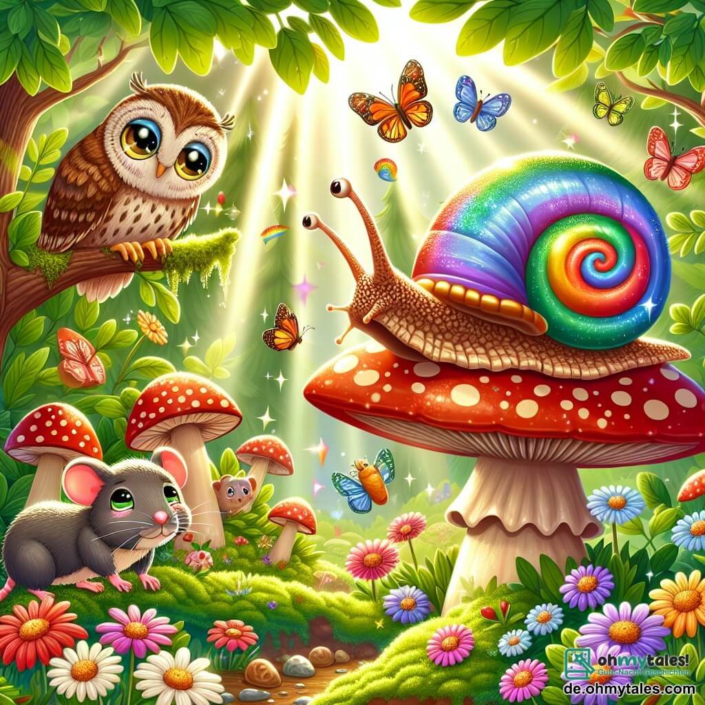 Eine Illustration, die eine magische Szene in einem verzauberten Wald darstellt, wo Sonnenstrahlen durch die grünen Blätter filtern und leuchtende Muster auf dem mit Moos und bunten Blumen bedeckten Boden schaffen. In der Mitte kriecht eine kleine Schnecke mit einer glänzenden, spiralförmigen Schale in schillernden Farben wie ein Regenbogen langsam über einen großen roten, weiß gepunkteten Pilz, während ihre neugierigen Augen ihre Umgebung mustern. In der Nähe beobachtet eine kleine Maus mit großen, funkelnden Augen, braunem Fell und einem dünnen Schwanz aufmerksam die Schnecke und ist bereit, ihr bei ihrer Suche zu helfen. Im Hintergrund sitzt eine weise Eule mit braunen und weißen Federn auf einem Ast und betrachtet die Szene nachdenklich. Die Hauptsituation zeigt die entschlossene Schnecke, die ihre Freunde versammeln will, um den Wald zu retten, während leuchtende Blumen um sie herum erblühen und Hoffnung sowie Freundschaft symbolisieren. Bunte Schmetterlinge fliegen herum und verleihen dieser fröhlichen, lebendigen Szene einen Hauch von Magie.