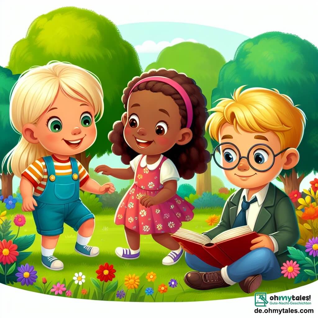 Une illustration destinée aux enfants représentant un garçon curieux et blond jouant avec une fille joyeuse à la peau sombre, un garçon studieux avec des lunettes lisant un livre, dans un parc verdoyant avec des arbres colorés et des fleurs éclatantes.