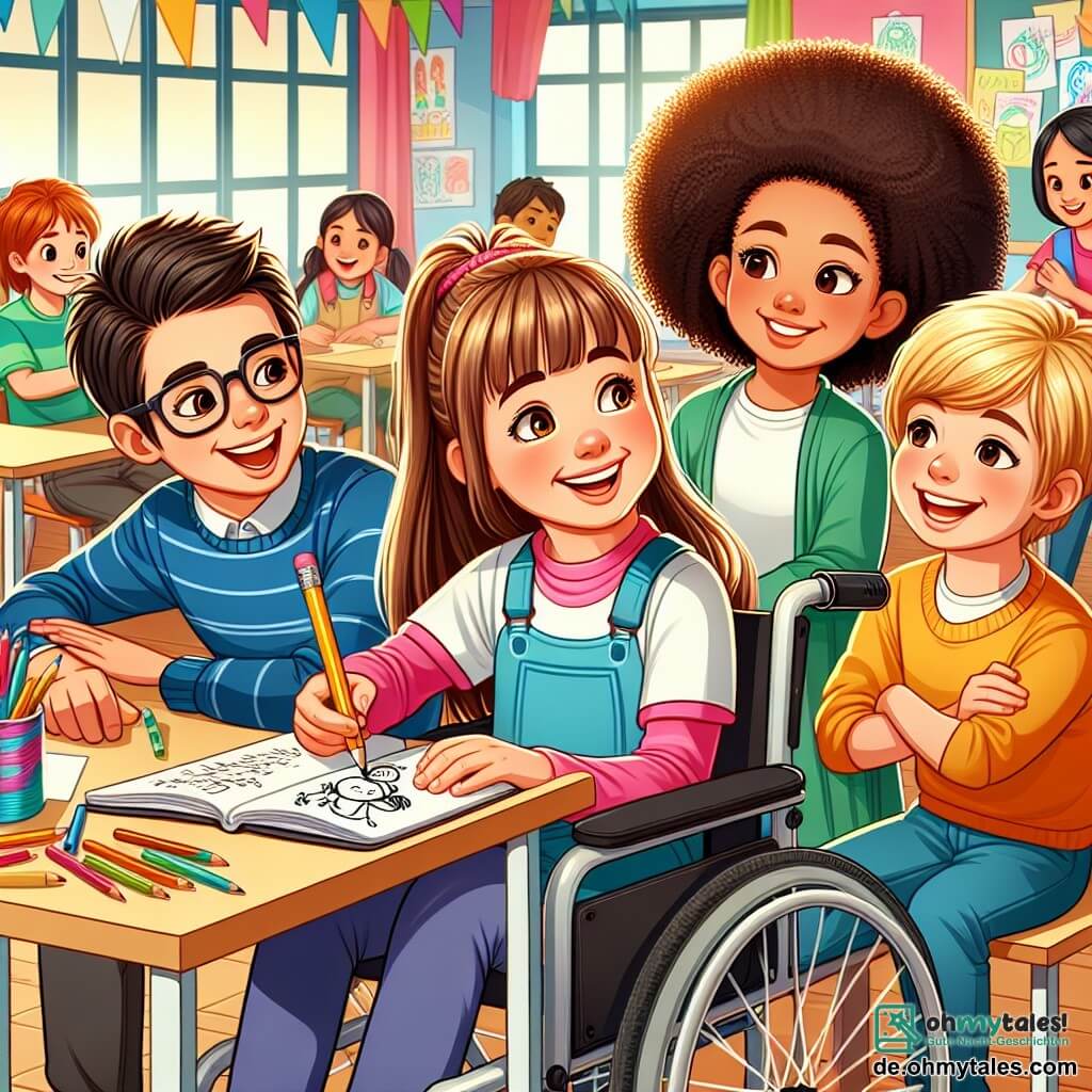 Eine Illustration zeigt ein großes, helles Klassenzimmer mit bunten Wänden, aufgehängten Lehrplakaten und Fenstern, die Sonnenlicht hereinlassen. Im Zentrum steht eine Gruppe von vier Kindern um einen Holztisch. Ein 11-jähriges Mädchen mit langen braunen Haaren und einem strahlenden Lächeln sitzt im Rollstuhl und hält einen Bleistift sowie ein Skizzenbuch. Neben ihr ermutigt ein anderes 11-jähriges Mädchen mit lockigem, blondem Haar und begeistertem Gesichtsausdruck sie zum Zeichnen. Ein 11-jähriger Junge mit Brille und braunen Haaren schaut neugierig, während ein weiterer 11-jähriger Junge mit kurzen, schwarzen Haaren sich vorlehnt, die Arme verschränkt, und aufmerksam zuhört. Die Hauptsituation zeigt die Kinder, die begeistert über ihre Ideen für ein Schulprojekt zur Inklusion diskutieren, mit Zeichnungen und Notizen auf dem Tisch verteilt. Im Hintergrund nehmen andere Schüler an Aktivitäten teil, was eine fröhliche und kooperative Atmosphäre schafft. Lebendige Farben und Ausdrücke von Kameradschaft und Begeisterung dominieren die Szene und verdeutlichen die Bedeutung von Freundschaft und Akzeptanz.