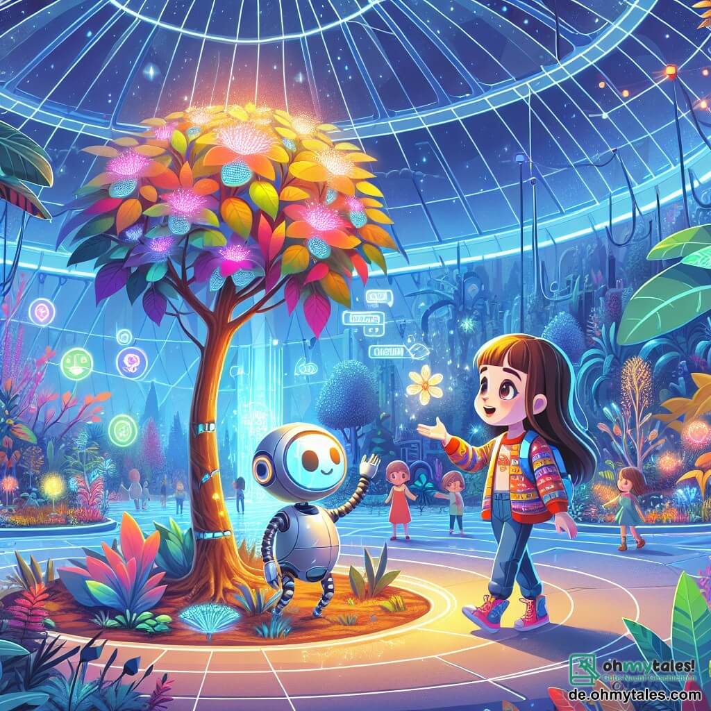 Eine Illustration zeigt einen weiten futuristischen Garten in einem riesigen Glaskuppel-Biodom, wo bunte und exotische Pflanzen unter sanftem, warmem Licht gedeihen. Im Mittelpunkt der Szene steht ein 7-jähriges Mädchen mit langen braunen Haaren und funkelnden Augen, das ein buntes Outfit und einen kleinen Rucksack trägt. Sie bewundert einen Baum mit schimmernden Blättern und streckt die Hand aus, um eine leuchtende Blume zu berühren, die im Rhythmus einer leichten Brise zu tanzen scheint. An ihrer Seite beobachtet ein kleiner freundlicher Roboter in Kindergröße mit silbernem Körper und leuchtenden Augen neugierig. Er hat bewegliche Arme und ein digitales Lächeln, bereit, die Fragen des Mädchens zu beantworten. Die Hauptsituation zeigt das Mädchen, das von der Schönheit der Natur und der Technologie, die harmonisch koexistiert, fasziniert ist. Im Hintergrund schweben Hologramme mit Informationen über die Pflanzen in der Luft, während andere Kinder fröhlich spielen und eine Atmosphäre der Entdeckung und des Spaßes schaffen. Lebendige Farben und dynamische Formen verleihen dieser futuristischen Szene ein Gefühl von Magie und Staunen.