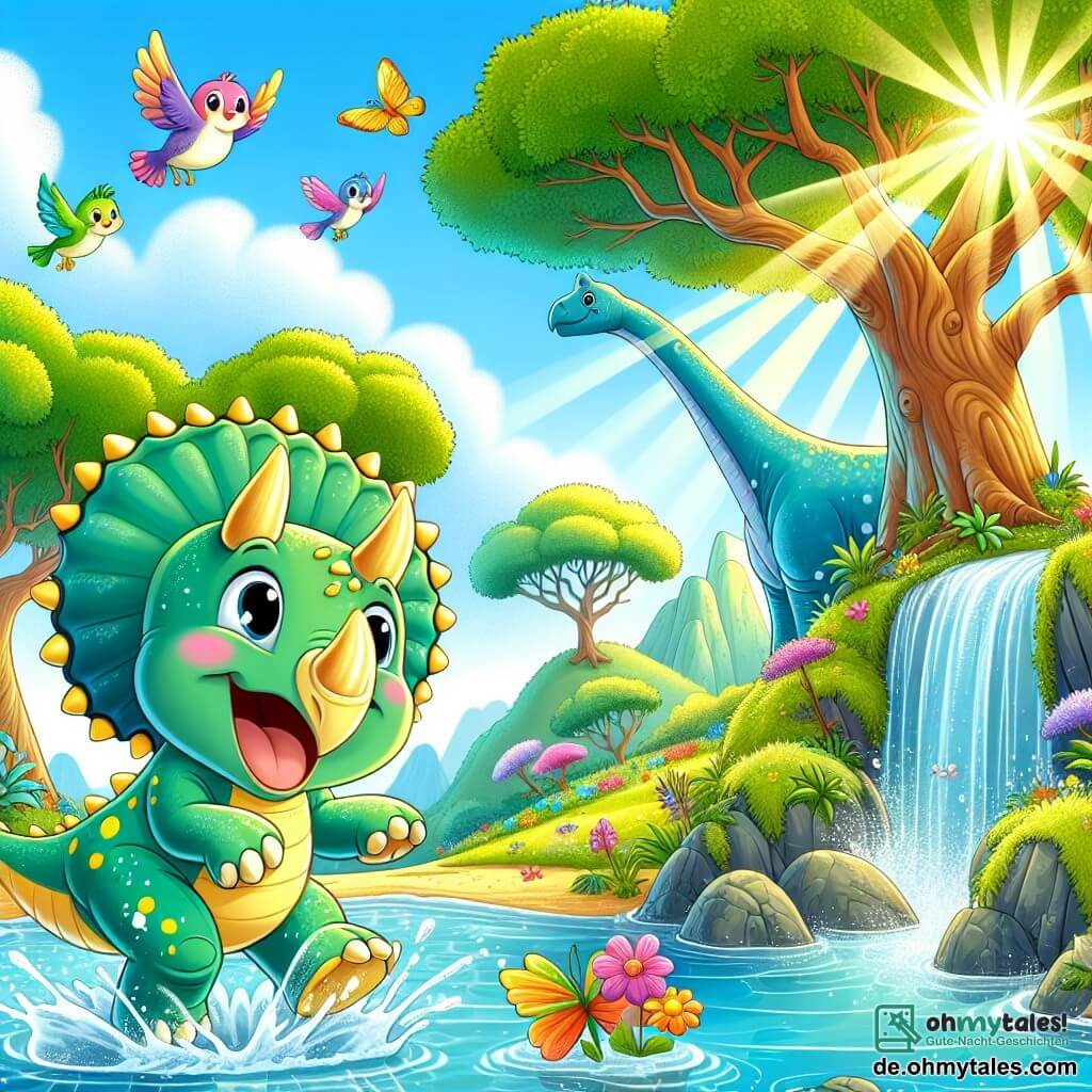 Die Illustration zeigt eine wunderschöne Landschaft der geheimnisvollen Insel mit riesigen Bäumen mit bunten Blättern, strahlenden Blumen und einem funkelnden Wasserfall, der in ein kristallklares Becken fällt. Im Vordergrund steht ein junger Triceratops mit grüner Haut und gelben Mustern fröhlich im Wasser, seine drei spitzen Hörner glänzen in der Sonne. Er hat ein breites Lächeln im Gesicht und scheint bereit zu sein, in die Lüfte zu springen. Neben ihm beobachtet eine große Brontosaurus mit langem Hals, blauer Haut und sanften Augen wohlwollend, ihre massiven Beine im üppigen Gras verankert. Die Szene strahlt Freude und Staunen aus, mit bunten Vögeln, die umherfliegen, und Schmetterlingen, die in der Luft tanzen. Sonnenstrahlen dringen durch die Blätter und erzeugen Lichtblitze im Wasser, während Spritzer um den Triceratops funkeln und seinen Wunsch, zu fliegen und diese magische Welt zu erkunden, illustrieren.