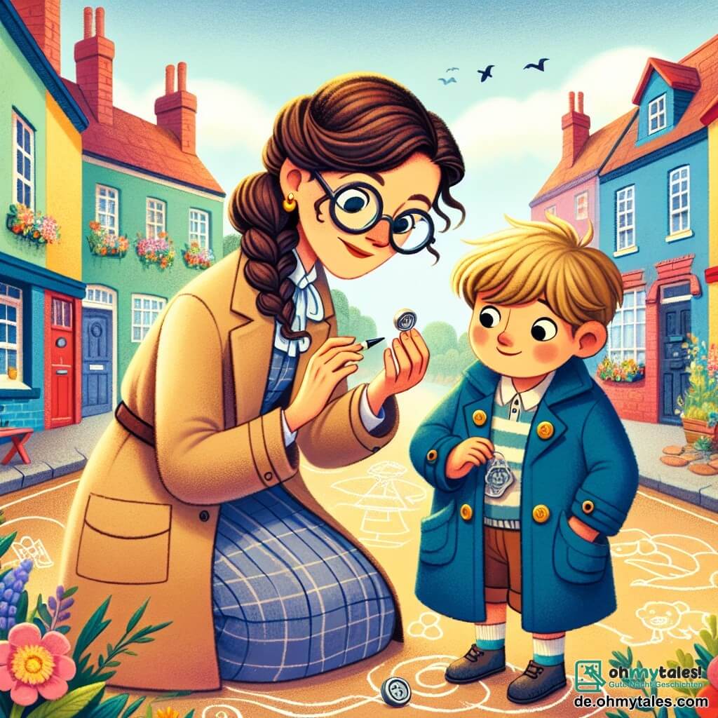 Une illustration sous forme de dessin destinée aux enfants représentant une charmante rue bordée de maisons colorées à Blumenhausen, avec une femme détective aux cheveux châtains et aux lunettes rondes, examinant attentivement un petit bouton argenté sur le sol, tandis qu'un garçon aux cheveux blonds, portant une veste bleue avec un bouton manquant, regarde avec curiosité, entourés de fleurs éclatantes et de dessins à la craie sur le trottoir, illustrant une atmosphère de mystère et d'amitié.