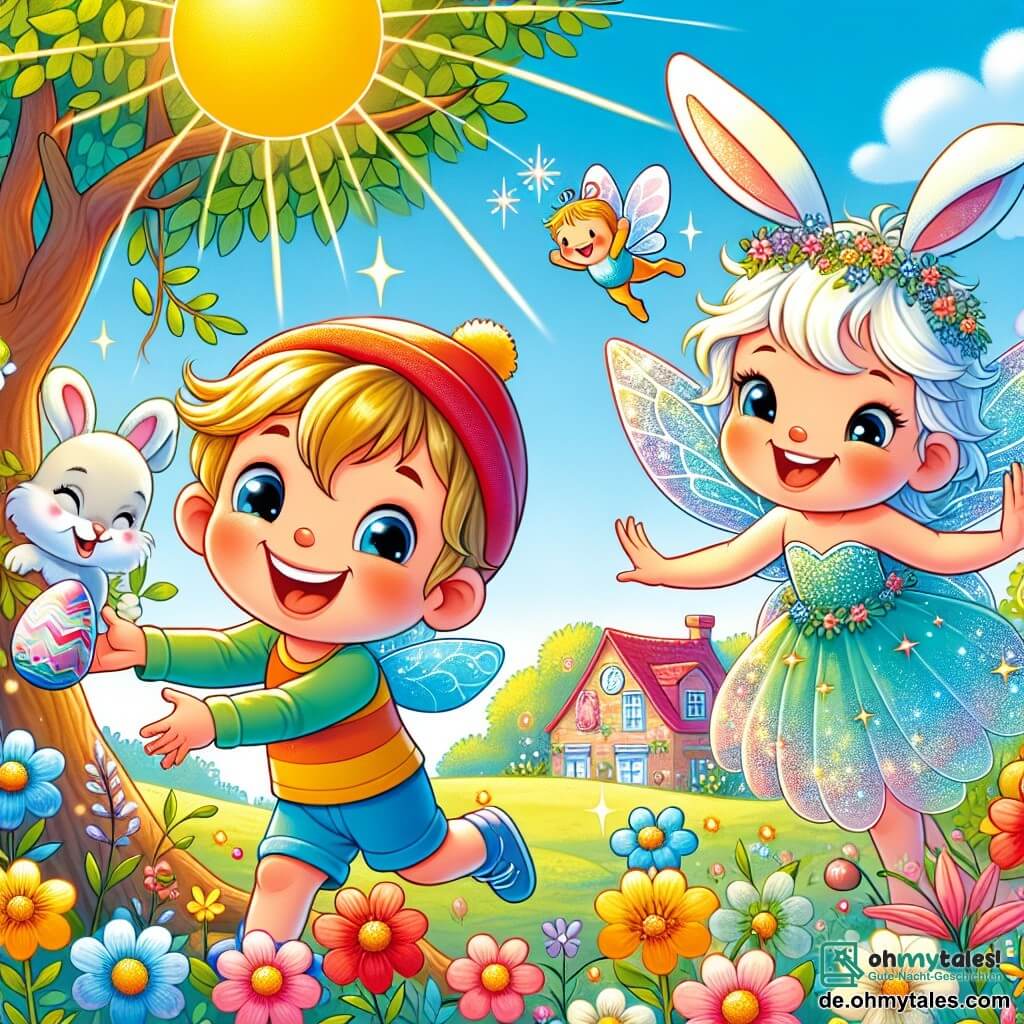 Une illustration sous forme de dessin destinée aux enfants représentant un jardin ensoleillé rempli de fleurs colorées, où un garçon de 3 ans avec une petite casquette rouge et un large sourire cherche des œufs de Pâques cachés derrière un arbre, tandis qu'une petite fée aux cheveux scintillants et à la robe étincelante l'encourage en flottant à ses côtés, et un joyeux lapin de Pâques aux grandes oreilles blanches les observe en riant, créant une ambiance festive et magique.