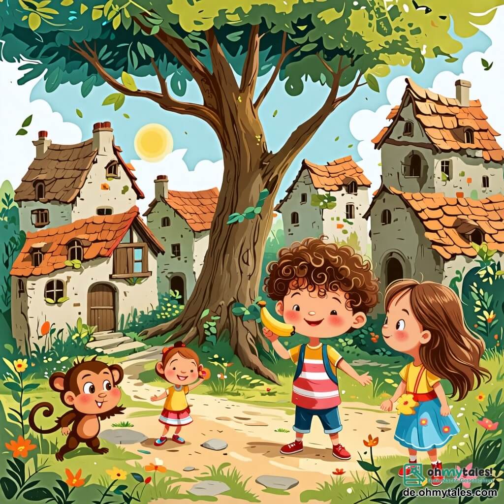 Une illustration sous forme de dessin destinée aux enfants représentant un vieux village abandonné avec des maisons en ruines et un grand arbre au centre, où un petit garçon de 2 ans aux cheveux bouclés et aux yeux pétillants explore avec un grand sourire, tenant une banane dans sa main, tandis qu'une petite fille aux cheveux longs et bruns, vêtue d'une robe colorée, observe avec émerveillement, et un petit singe curieux aux yeux malicieux s'approche d'eux, illustrant l'esprit d'aventure et de découverte dans ce lieu mystérieux.