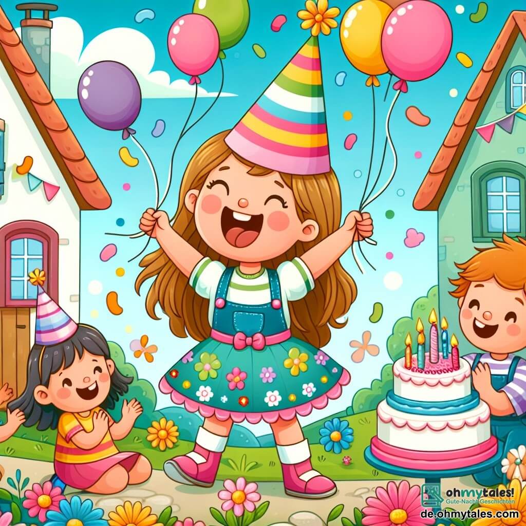 Une illustration destinée aux enfants représentant une fillette joyeuse célébrant son anniversaire avec ses amis dans un village coloré rempli de ballons et de fleurs.