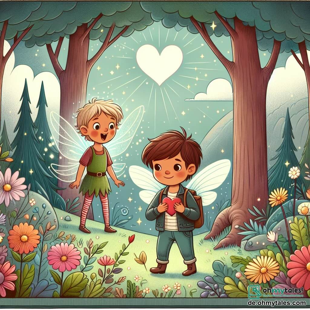 Une illustration destinée aux enfants représentant un petit garçon minuscule, courageux et au cœur immense, se tenant devant un mystérieux bois enchanté, accompagné d'une charmante petite fée aux ailes scintillantes, dans un paysage où les arbres touchent le ciel et les fleurs embaument l'air, créant une atmosphère magique et pleine de promesses.