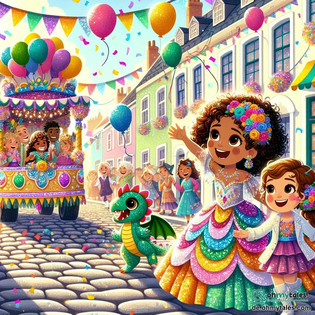 Illustration eines bunten Karnevals in einem sonnigen kleinen Dorf. Die gepflasterten Straßen sind gesäumt von Häusern mit Pastellfassaden, geschmückt mit Blumengirlanden und bunten Luftballons, die in der Luft schweben. Im Zentrum der Szene findet eine große Parade mit funkelnden und glitzernden geschmückten Wagen statt. Zwei Hauptfiguren stechen hervor: ein etwa 8-jähriges Mädchen mit schönen braunen Locken und einem strahlenden Lächeln, das einen glänzenden Regenanzug in lebhaften Farben trägt, verziert mit kleinen Papiersternen. An ihrer Seite ein weiteres 8-jähriges Mädchen mit blonden Haaren und funkelnden Augen, das als kleiner Drache mit grünen Schuppen und Stoffflügeln verkleidet ist. Die Hauptsituation zeigt die beiden Mädchen, fröhlich und voller Energie, die auf dem Karnevalswagen tanzen, umgeben von anderen Kindern in verschiedenen Kostümen, die alle zusammen lachen und singen. Konfetti fliegt durch die Luft und verleiht der Atmosphäre eine festliche Note. Im Hintergrund applaudieren lächelnde Erwachsene und machen Fotos, während Luftballons über der Szene schweben und eine magische und fröhliche Stimmung schaffen.