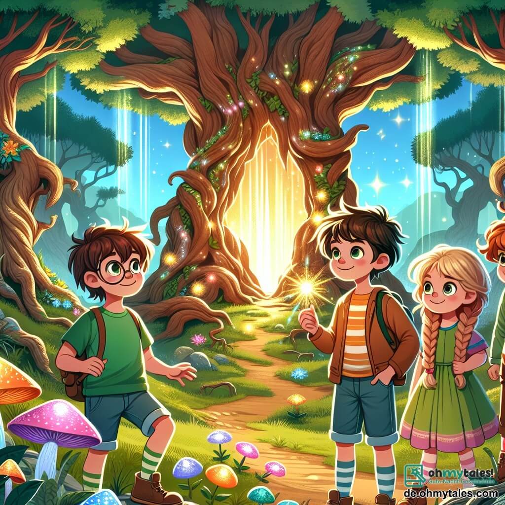 Illustration eines Gruppen von vier jungen Abenteurern in einem magischen Wald. Der Ort ist ein alter verzauberter Wald mit riesigen, knorrigen Bäumen, deren Blätter unter einem sonnigen Himmel in tausend Farben funkeln. Leuchtende Blumen und bunte Pilze bedecken den Boden, während ein großer Baum mit hohlem Stamm in der Mitte steht und sanft goldenes Licht ausstrahlt. Der erste Charakter ist ein neunjähriger Junge mit zerzausten braunen Haaren und neugierigen Augen. Er trägt ein grünes T-Shirt und eine Jeansshorts und schaut fasziniert ins Innere des hohlen Baums. Neben ihm steht ein neunjähriges Mädchen mit langen, geflochtenen blonden Haaren und einem schelmischen Lächeln. Sie trägt ein buntes Kleid und hält eine kleine leuchtende Blume in der Hand. Der dritte Charakter ist ein zehnjähriger Junge mit runden Brillen und kastanienbraunen Haaren. Er trägt einen gestreiften Pullover und scheint konzentriert zu sein, während er etwas in ein Notizbuch zeichnet. Schließlich ist der vierte Charakter ein achtjähriger Junge mit schwarzen Haaren und Sommersprossen im Gesicht. Er trägt ein rotes T-Shirt und beobachtet aufmerksam ein kleines magisches Wesen, das um sie herumfliegt. Die Hauptsituation zeigt die Kinder, die eine märchenhafte Welt im Inneren des Baumes entdecken, voller Staunen und Aufregung, bereit, gemeinsam ein großes Abenteuer zu erleben. Kleine magische Kreaturen, wie Feen und Glühwürmchen, schweben um sie herum und verleihen der Szene einen Hauch von Magie.