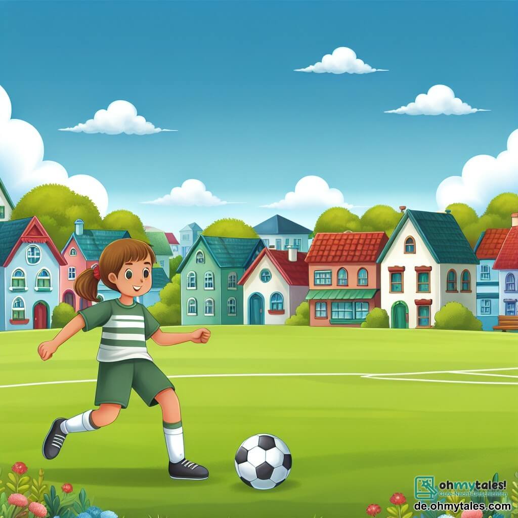 Une illustration destinée aux enfants représentant une jeune fille passionnée de football, s'entraînant avec une célèbre joueuse professionnelle, sur un terrain verdoyant entouré de petits maisons colorées d'un village pittoresque.