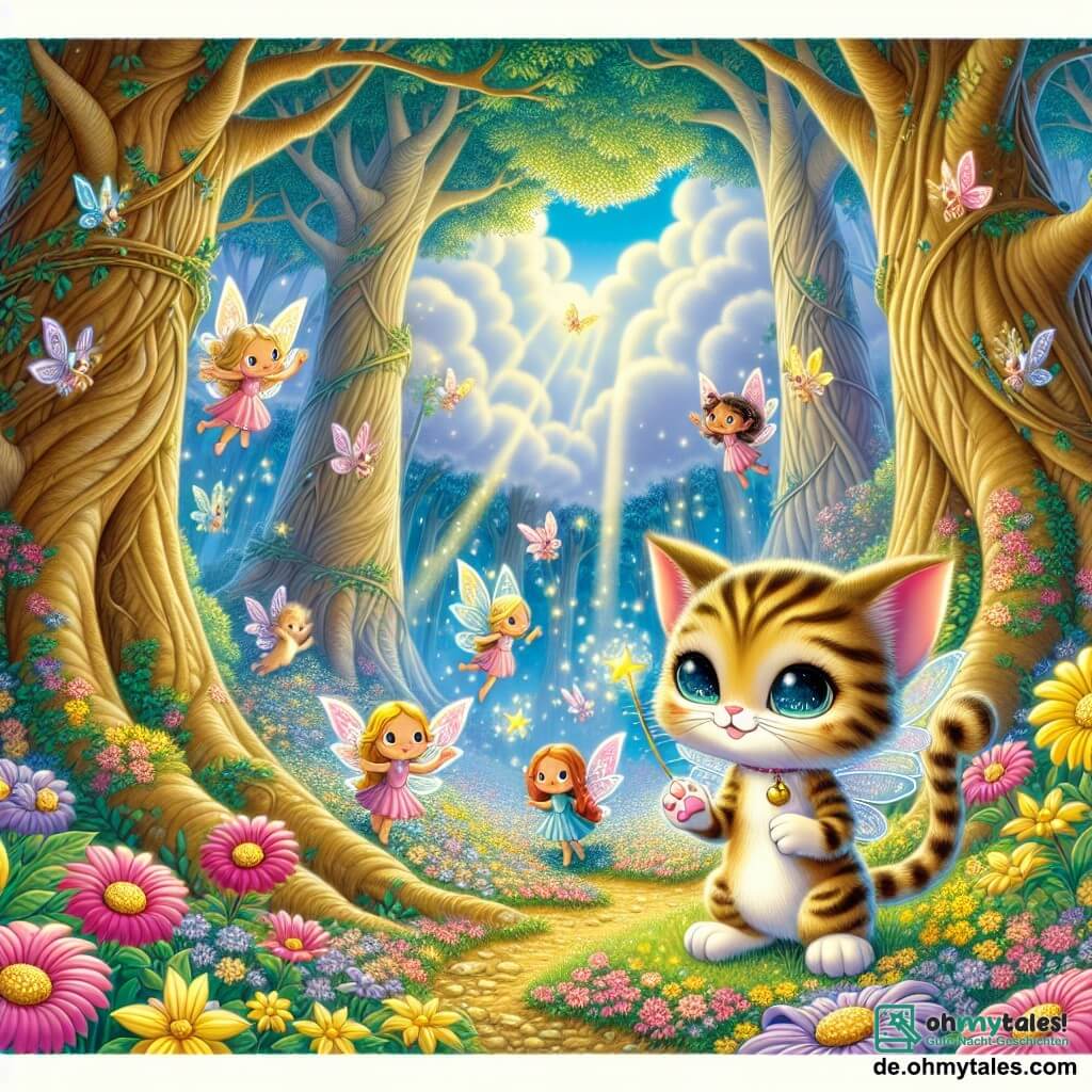 Illustration einer verzauberten Szene im Herzen eines magischen Waldes, wo große, knorrige Bäume in einen blauen Himmel mit flauschigen weißen Wolken ragen. Bunte Blumen in leuchtenden Farben wie Rosa, Gelb und Violett bedecken den Boden, während ein sanfter Lichtstrahl durch das Laub filtert und einen kleinen geheimen Raum erhellt. Im Zentrum dieser Szene steht ein selbstbewusster Kater mit funkelnden Augen und gestreiftem, goldenem Fell. Er hat spitze Ohren und eine kleine rosa Nase und schaut neugierig auf eine Gruppe kleiner geflügelter Wesen, die um ihn herumtanzen. Sein Gesichtsausdruck ist fröhlich und voller Staunen, während er eine Pfote hebt, als wollte er etwas Magisches berühren. Um ihn herum wirbeln mehrere kleine Elfen mit schimmernden Flügeln, die in Kleidern aus Blütenblättern gekleidet sind, durch die Luft. Sie haben lächelnde Gesichter und bunte Haare und halten glitzernde Glöckchen in den Händen, was eine festliche und magische Atmosphäre schafft. Eine von ihnen nähert sich dem Kater und streckt eine zarte Hand zu ihm aus, als wolle sie ihn einladen, an ihrem Spiel teilzunehmen. Die Hauptsituation zeigt den erstaunten Kater mitten in diesem märchenhaften Tanz, bereit, einen leuchtenden Kristall zu berühren, der ein sanftes Licht ausstrahlt und die Magie und Freundschaft symbolisiert, die in diesem verzauberten Wald entstehen. Goldene Lichtstrahlen und funkelnde Glitzer schweben um sie herum und verleihen dieser fesselnden Szene einen traumhaften Touch.