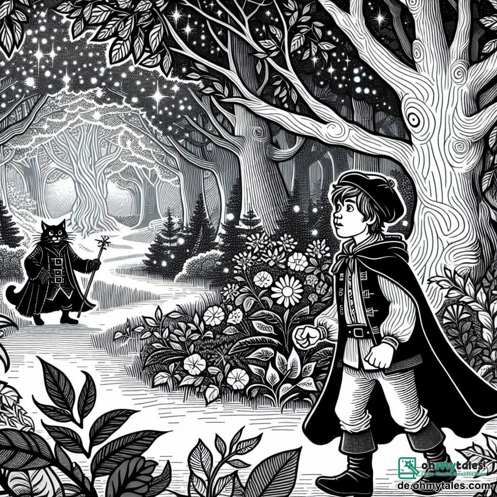 Une illustration destinée aux enfants représentant un malicieux chat botté, un jeune garçon courageux, et une forêt enchantée aux arbres majestueux, aux feuilles scintillantes et aux chemins sinueux.