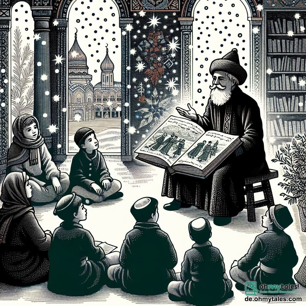 Une illustration sous forme de dessin destinée aux enfants représentant une petite bibliothèque chaleureuse, où un homme âgé au visage bienveillant, avec un long manteau et un chapeau en feutre, raconte des histoires de paix et d'amitié à un groupe de cinq enfants, trois garçons et deux filles, assis en cercle autour de lui, captivés par ses paroles, tandis qu'un grand livre ouvert sur ses genoux montre des illustrations de scènes de guerre transformées en moments de solidarité, le tout baigné dans une lumière douce et réconfortante.